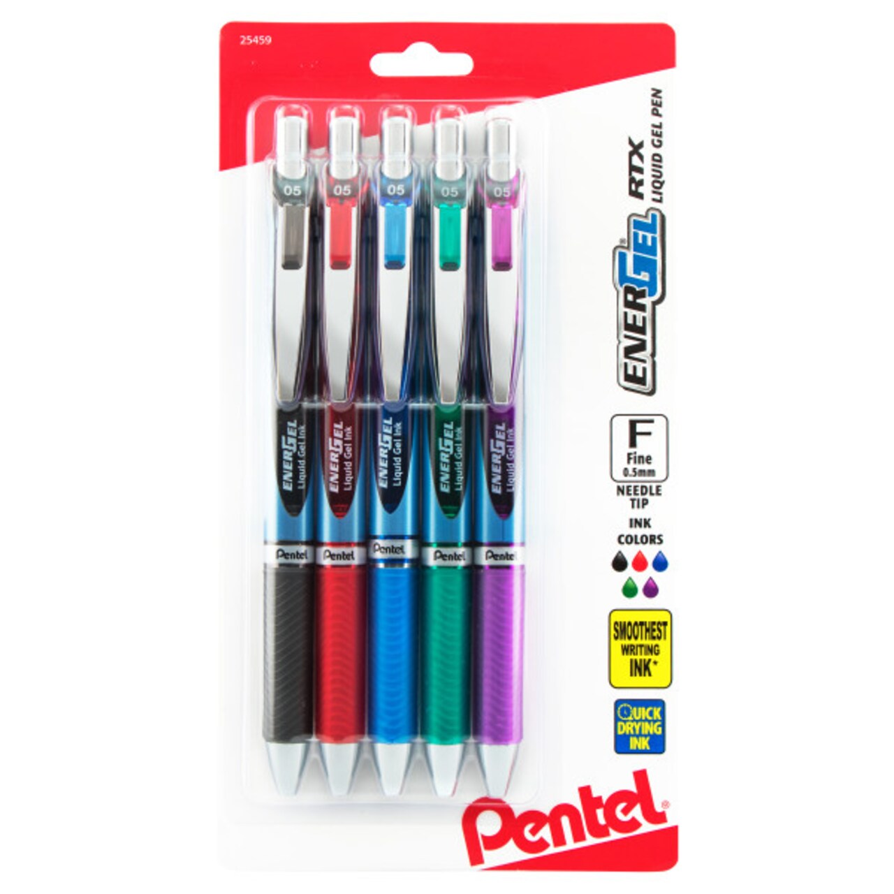 EnerGel RTX Retractable Liquid Gel Pen, (0.5mm) Needle Tip, Fine Line, Assorted Ink (A/B/C/D/V) 5-Pk